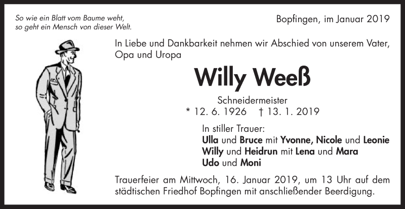  Traueranzeige für Willy Weeß vom 14.01.2019 aus Schwäbische Post