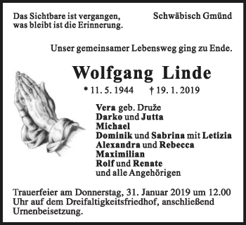 Traueranzeige von Wolfgang Linde von Gmünder Tagespost