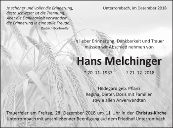 Traueranzeige von Hans Melchinger von Schwäbische Post