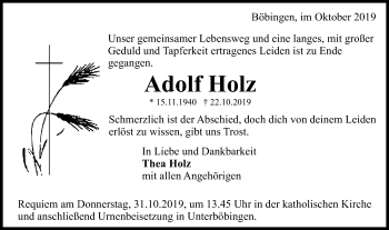 Traueranzeige von Adolf Holz von Gmünder Tagespost
