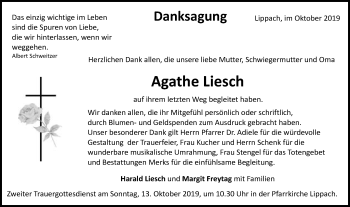 Traueranzeige von Agathe Liesch von Schwäbische Post