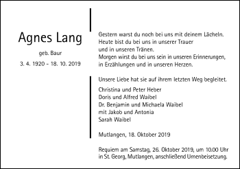 Traueranzeige von Agnes Lang von Gmünder Tagespost
