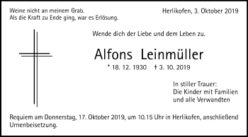 Traueranzeige von Alfons Leinmüller von Gmünder Tagespost