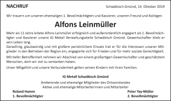 Traueranzeige von Alfons Leinmüller von Gmünder Tagespost