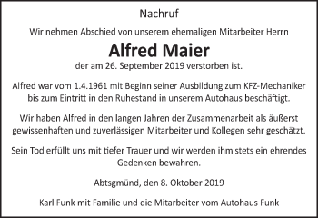 Traueranzeige von Alfred Maier von Schwäbische Post
