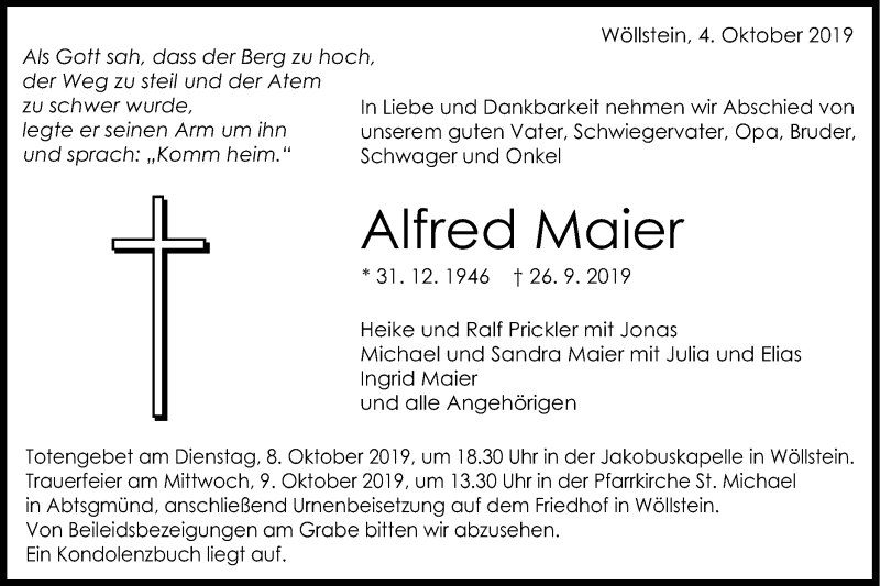  Traueranzeige für Alfred Maier vom 04.10.2019 aus Schwäbische Post
