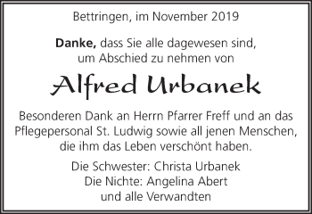 Traueranzeige von Alfred Urbanek  von Gmünder Tagespost