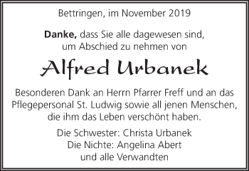 Traueranzeige von Alfred Urbanek 