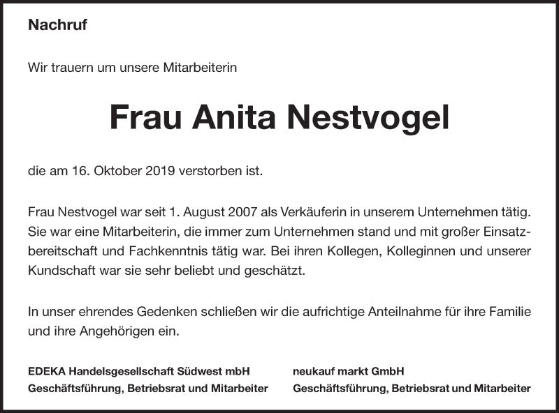  Traueranzeige für Anita Nestvogel vom 24.10.2019 aus Schwäbische Post