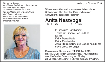 Traueranzeige von Anita Nestvogel von Schwäbische Post