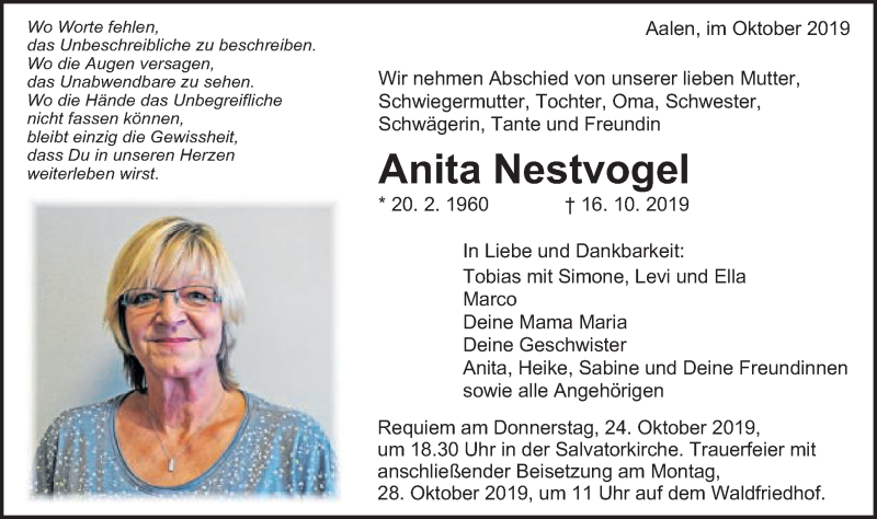  Traueranzeige für Anita Nestvogel vom 22.10.2019 aus Schwäbische Post