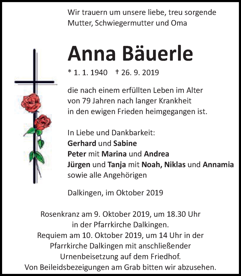  Traueranzeige für Anna Bäuerle vom 05.10.2019 aus Schwäbische Post
