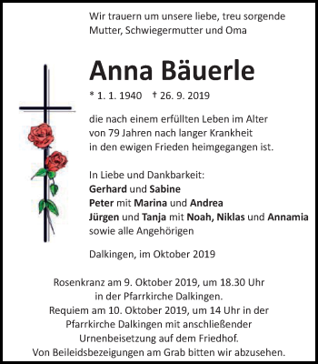 Traueranzeige von Anna Bäuerle von Schwäbische Post
