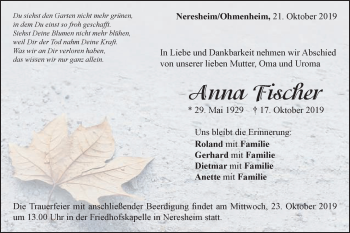 Traueranzeige von Anna Fischer von Schwäbische Post