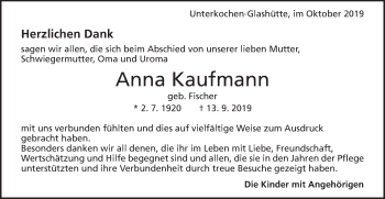 Traueranzeige von Anna Kaufmann von Schwäbische Post