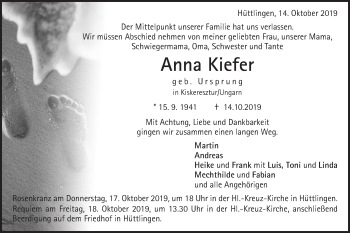 Traueranzeige von Anna Kiefer von Schwäbische Post