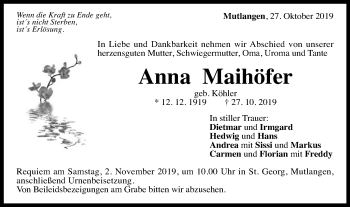 Traueranzeige von Anna Maihöfer von Gmünder Tagespost