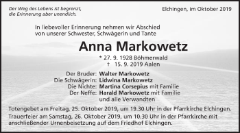 Traueranzeige von Anna Markowetz von Schwäbische Post