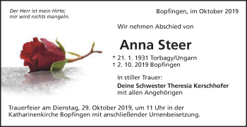 Traueranzeige von Anna Steer von Schwäbische Post