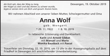 Traueranzeige von Anna Wolf von Schwäbische Post