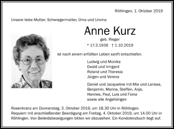 Traueranzeige von Anne Kurz von Schwäbische Post