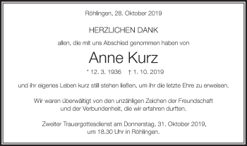 Traueranzeige von Anne Kurz von Schwäbische Post