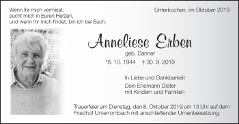 Traueranzeige von Anneliese Erben von Schwäbische Post