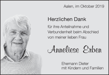Traueranzeige von Anneliese Erben von Schwäbische Post