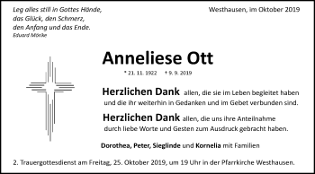 Traueranzeige von Anneliese Ott von Schwäbische Post
