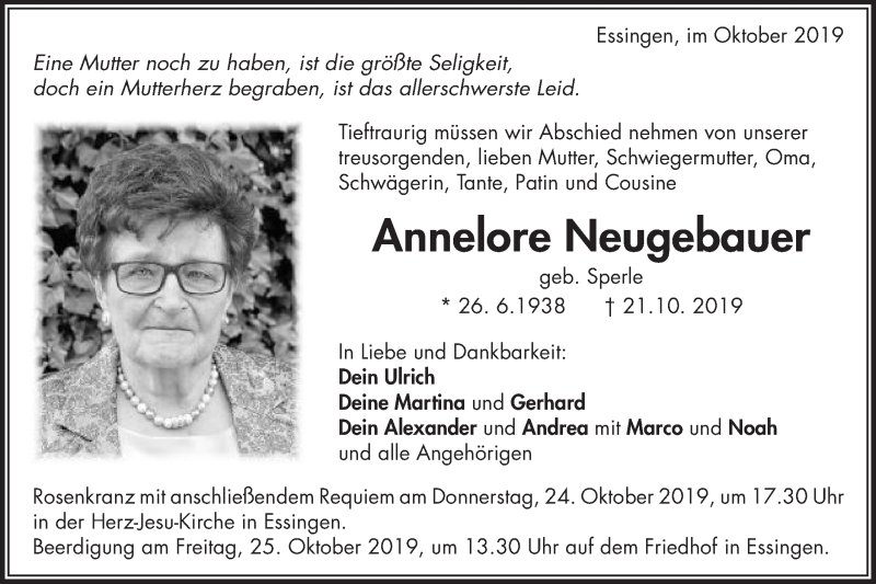  Traueranzeige für Annelore Neugebauer vom 23.10.2019 aus Schwäbische Post