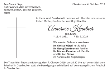 Traueranzeige von Annerose Kenntner von Schwäbische Post