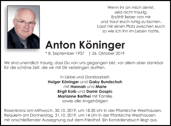 Traueranzeige von Anton Köninger von Schwäbische Post