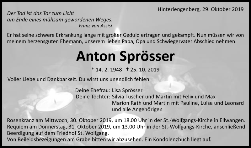  Traueranzeige für Anton Sprösser vom 29.10.2019 aus Schwäbische Post