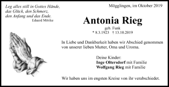 Traueranzeige von Antonia Rieg von Gmünder Tagespost