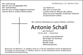 Traueranzeige von Antonie Schall von Gmünder Tagespost