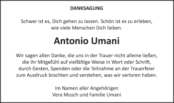 Traueranzeige von Antonio Umani von Gmünder Tagespost