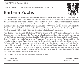 Traueranzeige von Barbara Fuchs von Schwäbische Post