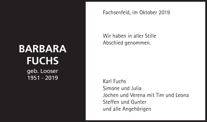  Traueranzeige für Barbara Fuchs vom 11.10.2019 aus Schwäbische Post