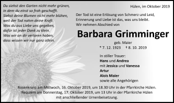 Traueranzeige von Barbara Grimminger von Schwäbische Post