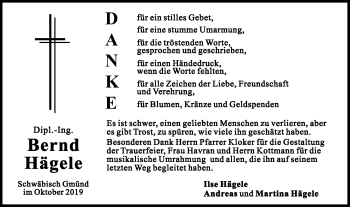 Traueranzeige von Bernd Hägele von Gmünder Tagespost