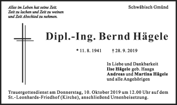Traueranzeige von Bernd Hägele von Gmünder Tagespost