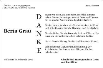 Traueranzeige von Berta Grau von Gmünder Tagespost