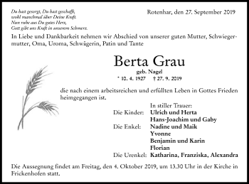 Traueranzeige von Berta Grau von Gmünder Tagespost