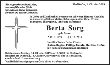 Traueranzeige von Berta Sorg von Gmünder Tagespost