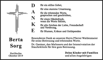 Traueranzeige von Berta Sorg von Gmünder Tagespost