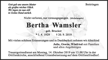 Traueranzeige von Bertha Wamsler von Gmünder Tagespost