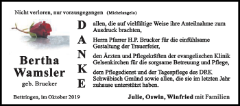 Traueranzeige von Bertha Wamsler von Gmünder Tagespost