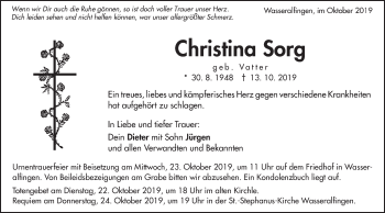 Traueranzeige von Christina Sorg von Schwäbische Post