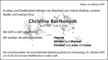 Traueranzeige von Christine Bartkowiak von Schwäbische Post