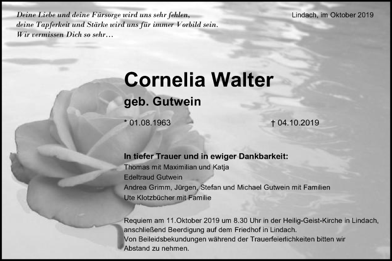  Traueranzeige für Cornelia Walter vom 09.10.2019 aus Gmünder Tagespost